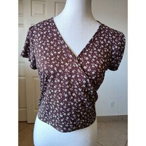 Vibe‎ Sportswear Shirt Junior Large Brown Floral Short Print Sleeve V Neck Y2K